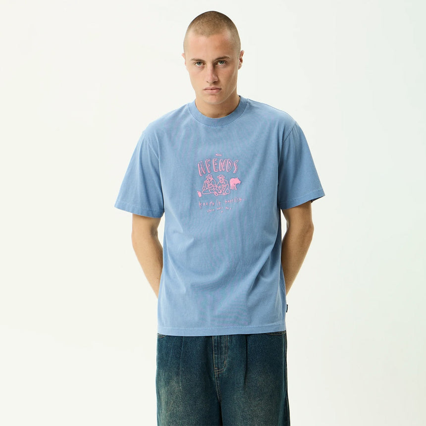 AFENDS Camp Fire Recycled Boxy Tee - Washed Slate Blue