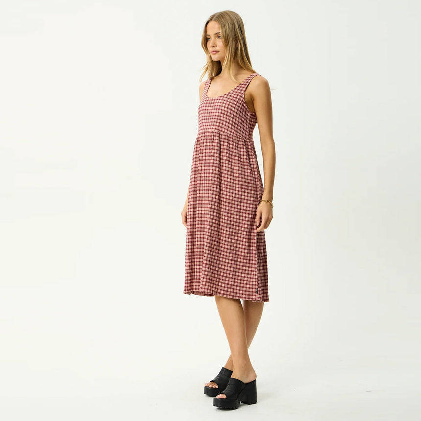 AFENDS Capricorn Seersucker Midi Dress - Burgundy/Beige Check