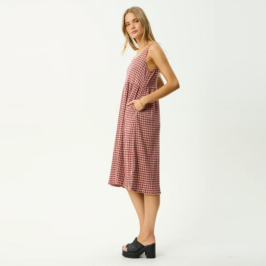 AFENDS Capricorn Seersucker Midi Dress - Burgundy/Beige Check