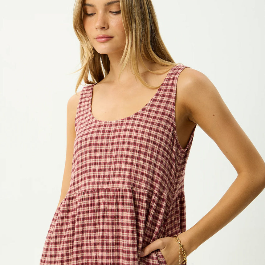 AFENDS Capricorn Seersucker Midi Dress - Burgundy/Beige Check