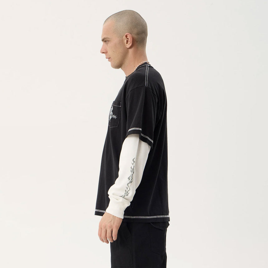 AFENDS Heavy Parts Recycled Heavyweight Layered Waffle Boxy Tee - Stone Black