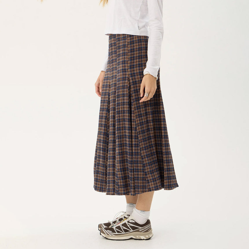 AFENDS Lana Seersucker Midi Skirt - Shev Indigo Check