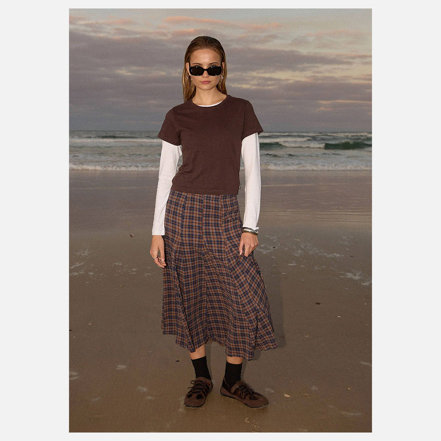 AFENDS Lana Seersucker Midi Skirt - Shev Indigo Check