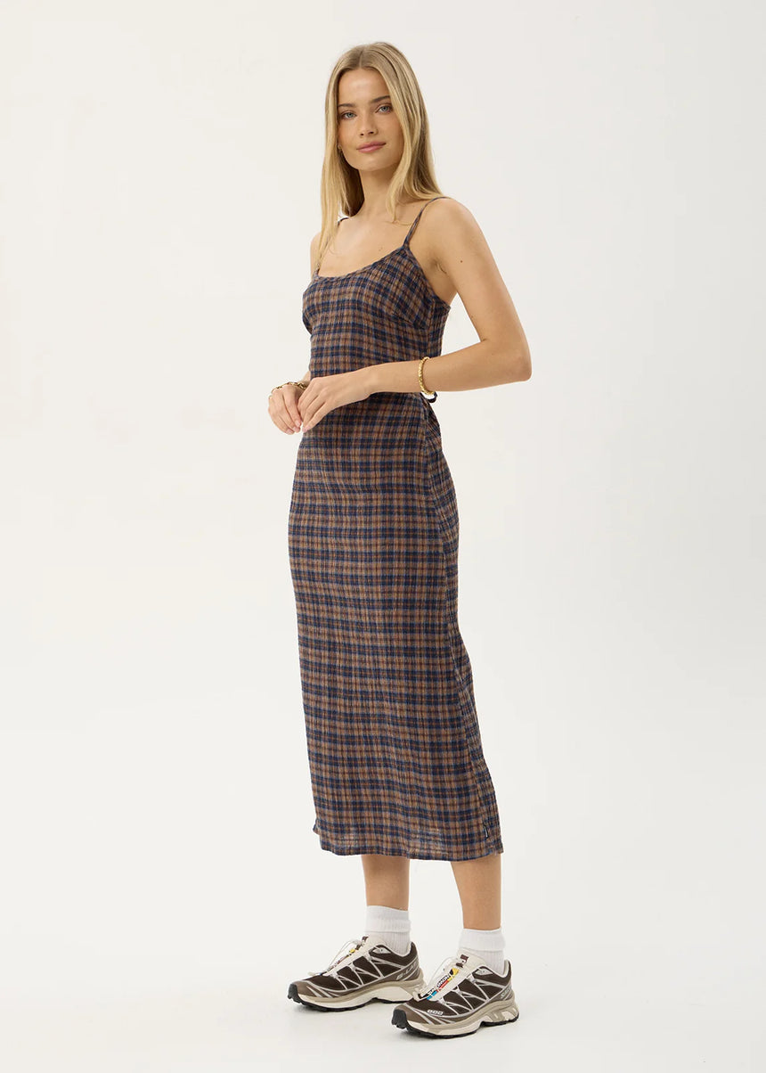 AFENDS Rumi Seersucker Midi Dress - Shev Indigo Check