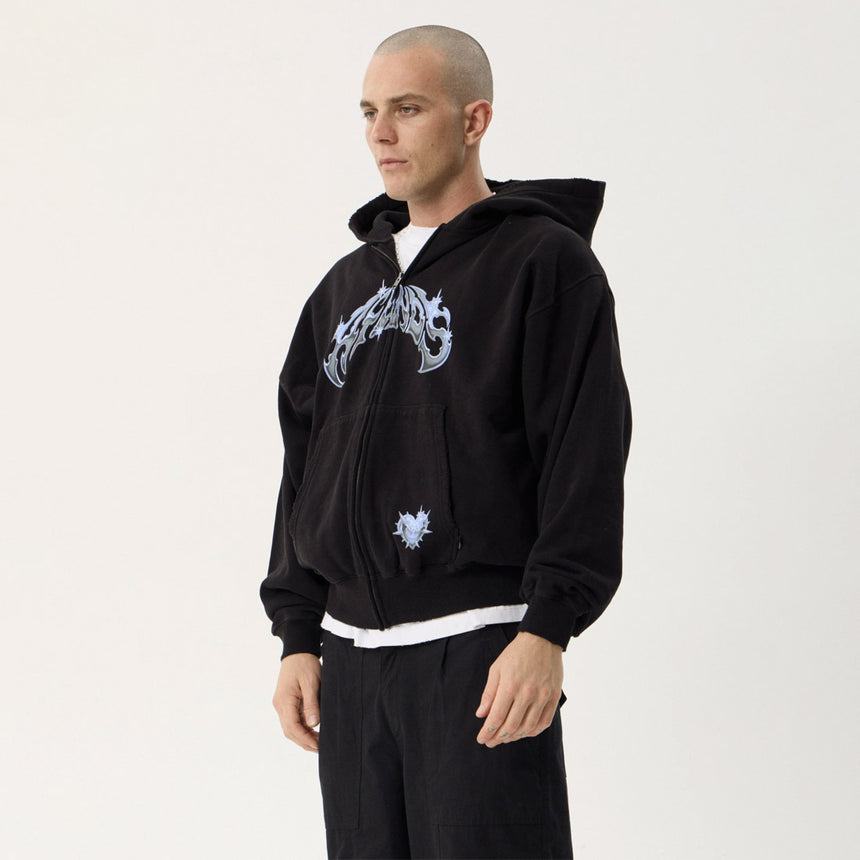 AFENDS Scorpius Recycled Distressed Boxy Zip Hood - Stone Black