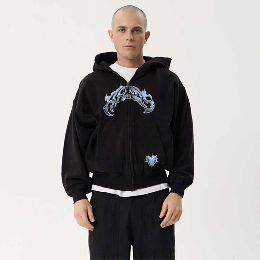 AFENDS Scorpius Recycled Distressed Boxy Zip Hood - Stone Black