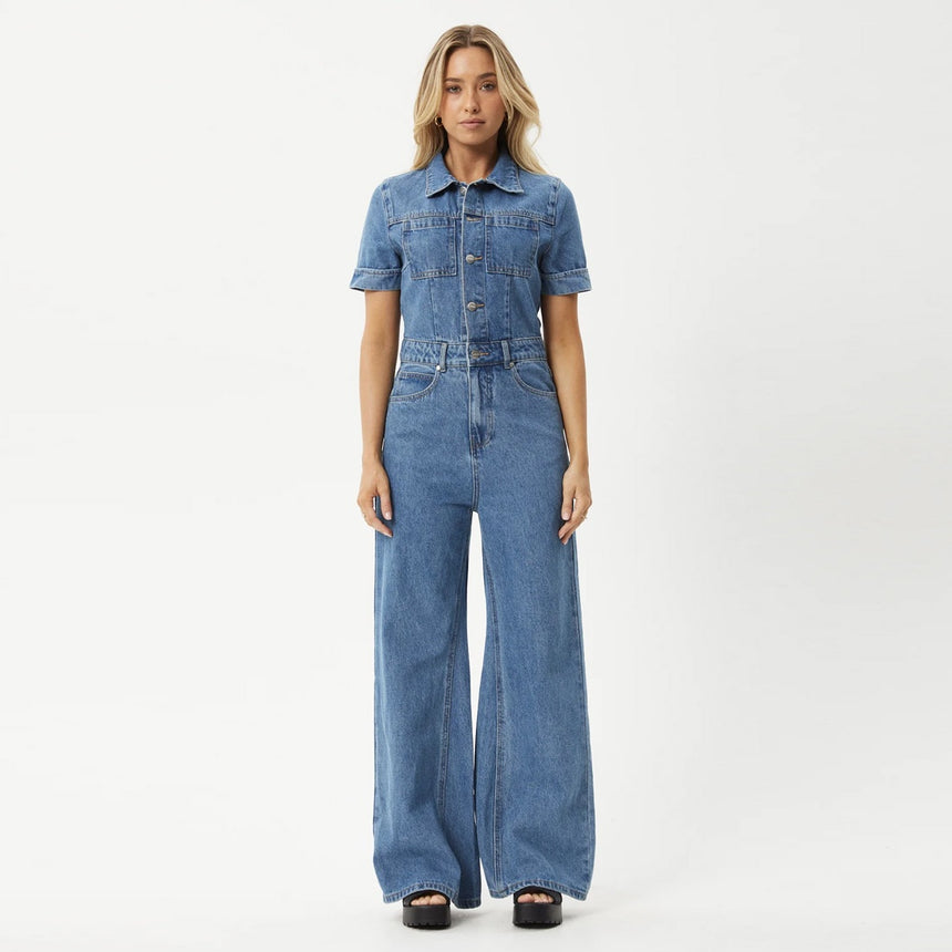 AFENDS Women's Miami Denim Flared Jumpsuit - Worn Blue