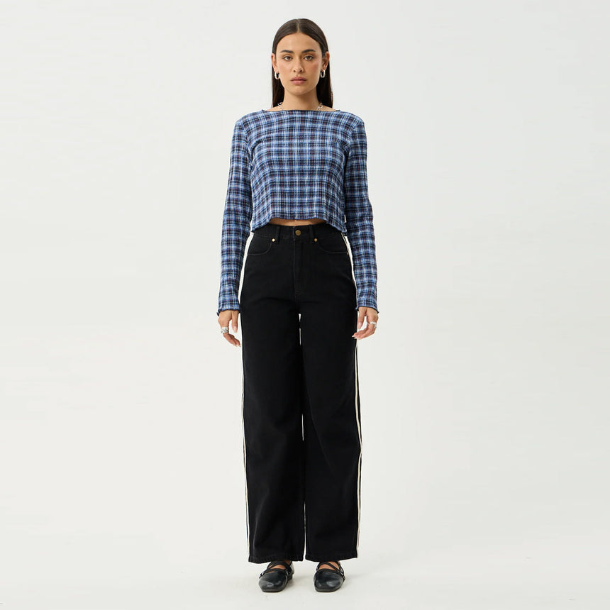 AFENDS Women's Mountains Seersucker Long Sleeve Top - Navy Red Check