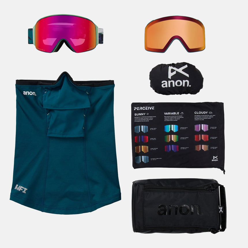 ANON M4 Cylindrical Low Bridge Fit Goggle + MFI Facemask 2026 - Family Tree/Perceive Sunny Red