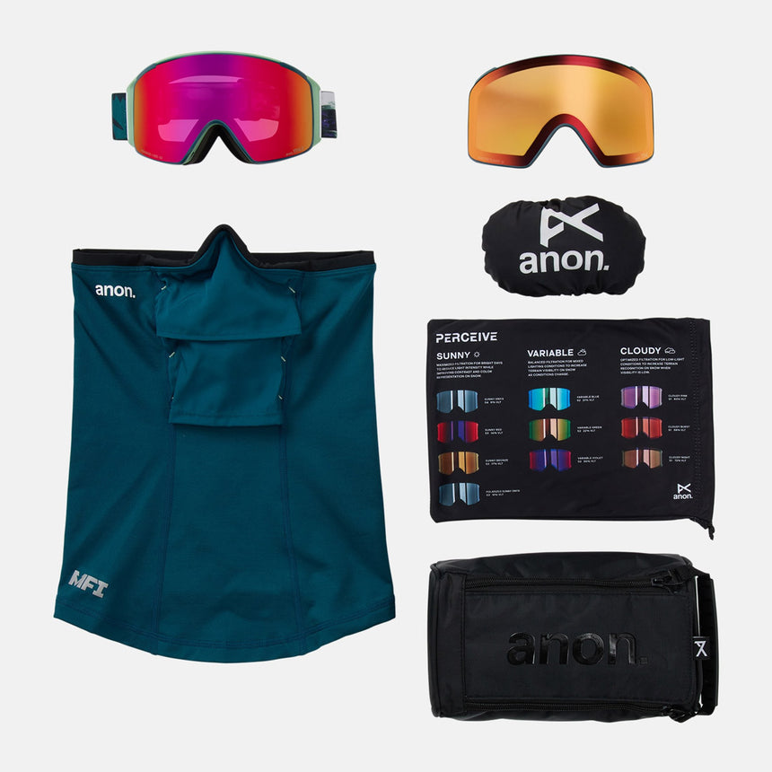 ANON M4S Cylindrical Low Bridge Fit Goggle + MFI Facemask 2026 - Family Tree/Perceive Sunny Red