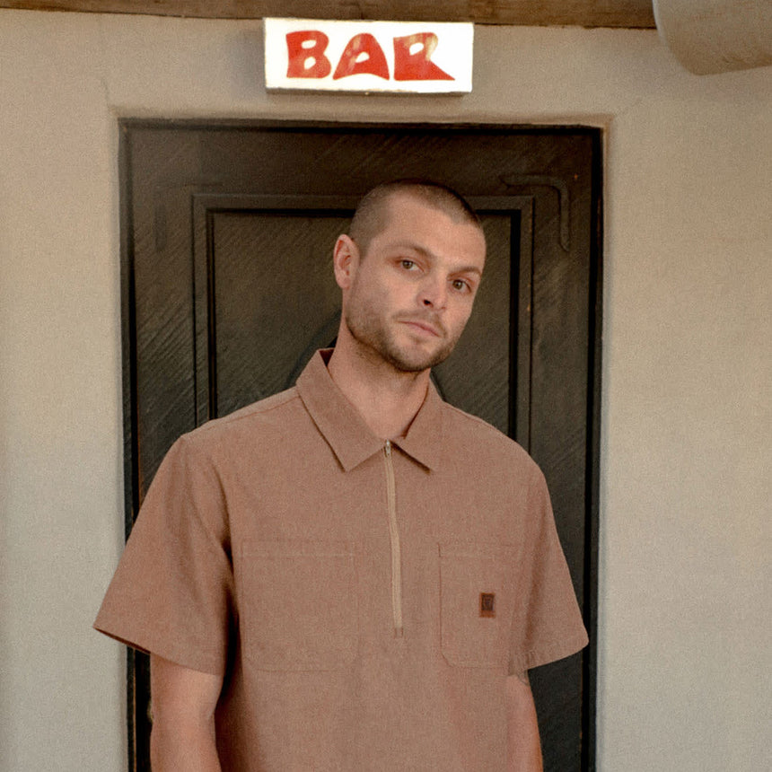 BRIXTON Brakeman Half Zip Short Sleeve Shirt - Brown/Tan Stripe