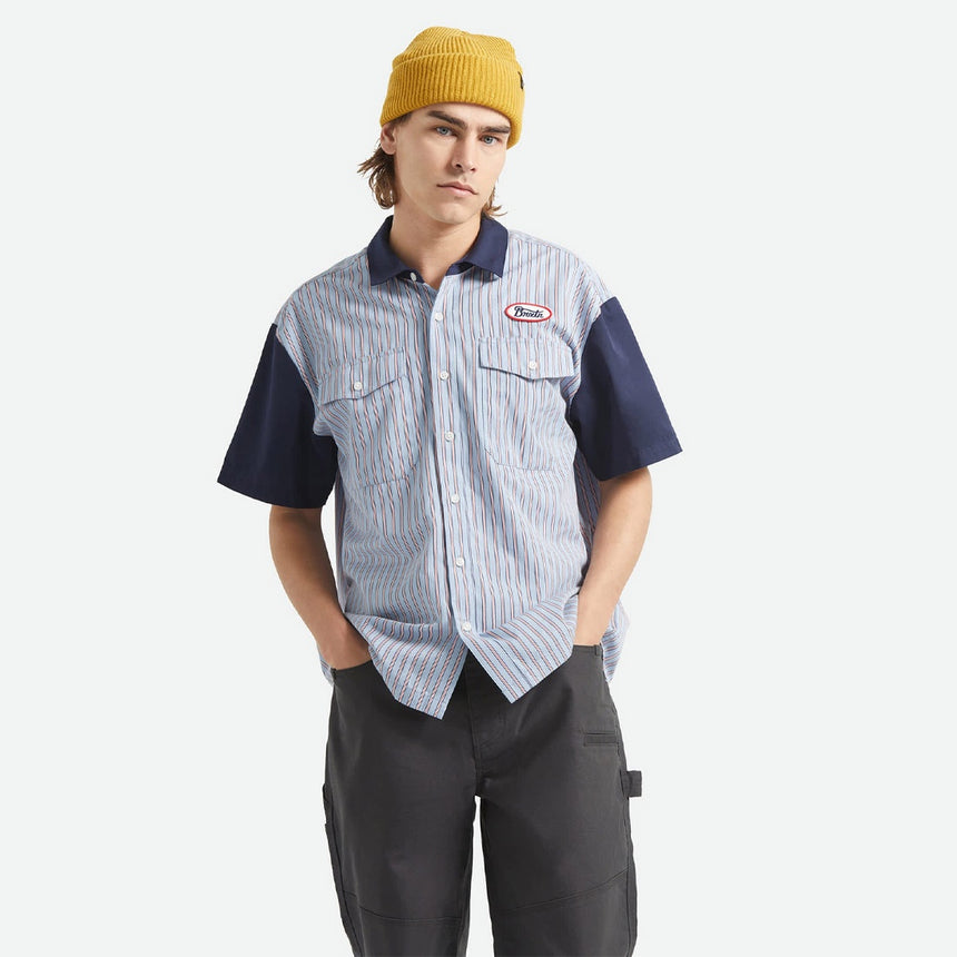 BRIXTON Builders Olson Short Sleeve Shirt - Blue Aura Stripe