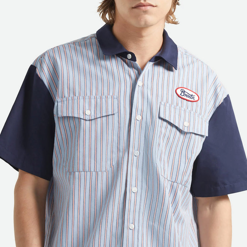 BRIXTON Builders Olson Short Sleeve Shirt - Blue Aura Stripe