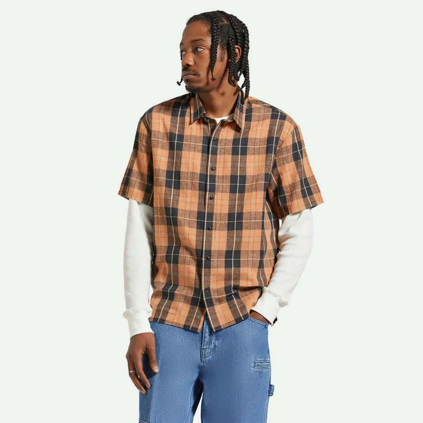 BRIXTON Cru Linen Blend Short Sleeve Shirt - Black/Rust Orange