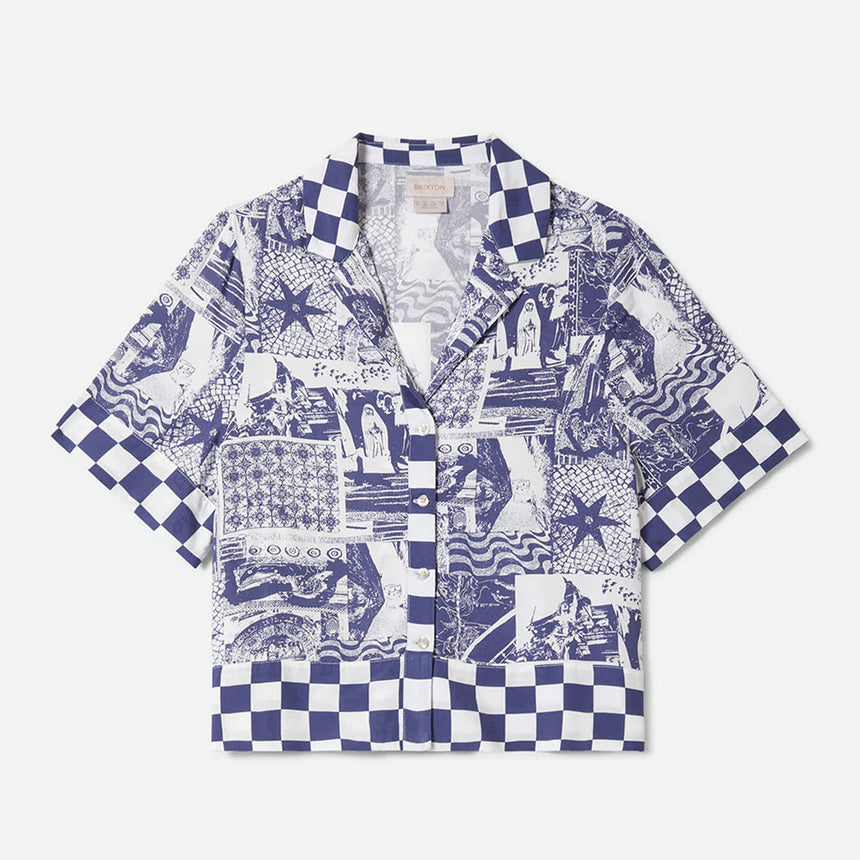 BRIXTON Women's The Omar Button Down Short Sleeve Shirt - Navy/White Collage