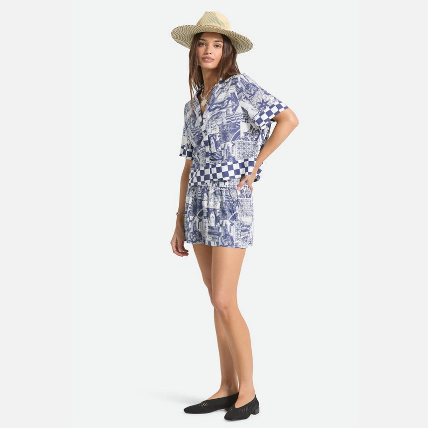 BRIXTON Women's The Omar Button Down Short Sleeve Shirt - Navy/White Collage