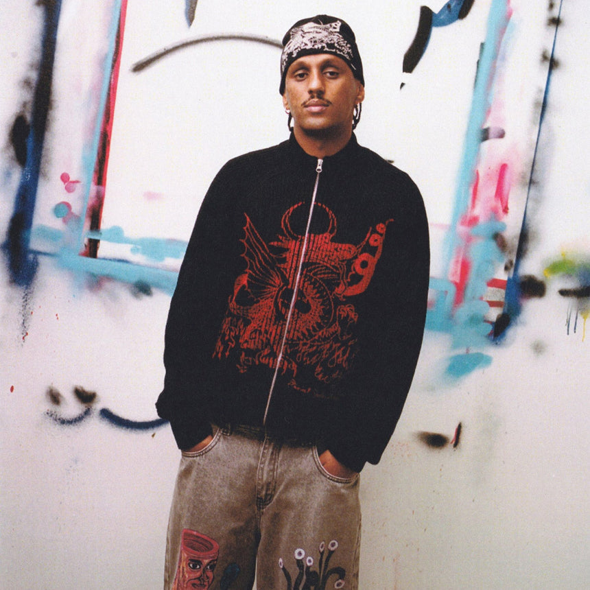 BUTTER GOODS Dragon Knit Zip Thru Sweater - Black/Red