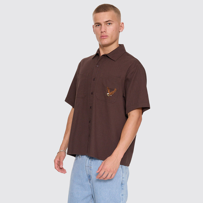 THRILLS Seen & Heard Cropped Short Sleeve Work Shirt - Postal Brown