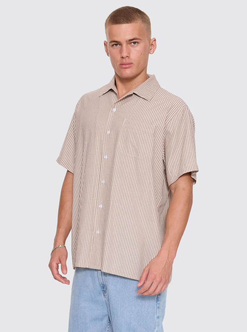 THRILLS Union Short Sleeve Stripe Work Shirt - Postal Brown
