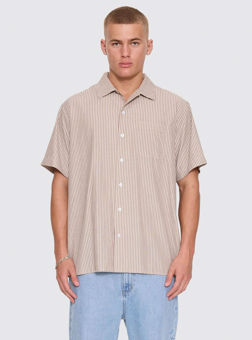 THRILLS Union Short Sleeve Stripe Work Shirt - Postal Brown