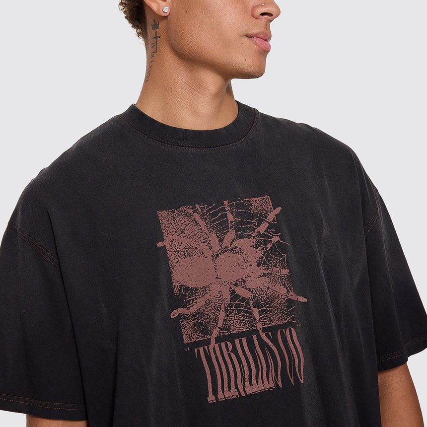 THRILLS Web Of Chaos Oversize Box Crop Tee - Dark Faded Splatter Black