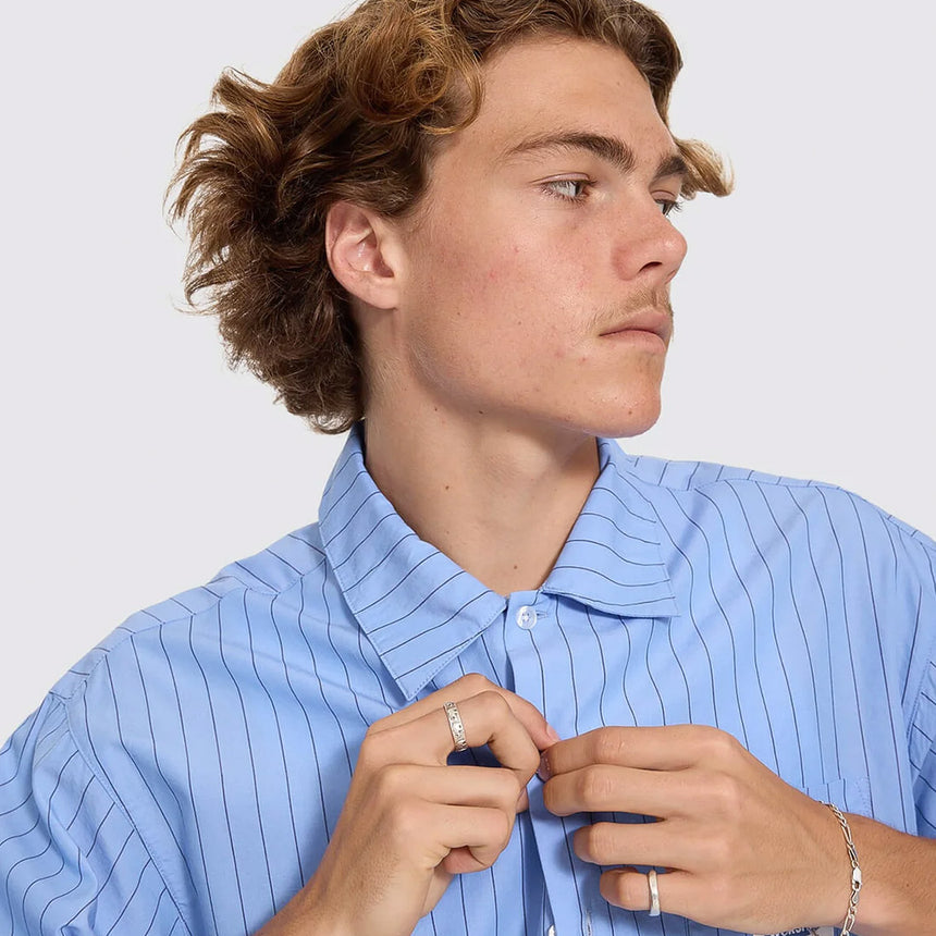 WORSHIP Shadow Cherub Box Crop Short Sleeve Shirt - Dream Blue Stripe