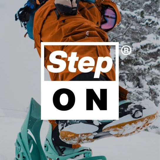 snowboarder wearing Burton Step On boots and bindings with 'Step On' logo overlay