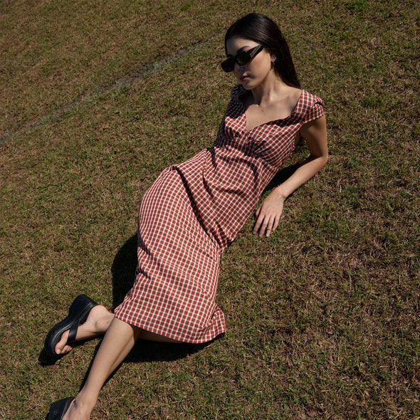 AFENDS Austin Check Midi Dress - Red Rum