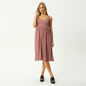 AFENDS Capricorn Seersucker Midi Dress - Burgundy/Beige Check