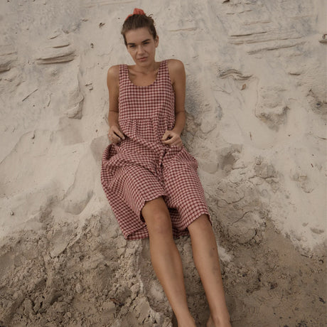 AFENDS Capricorn Seersucker Midi Dress - Burgundy/Beige Check
