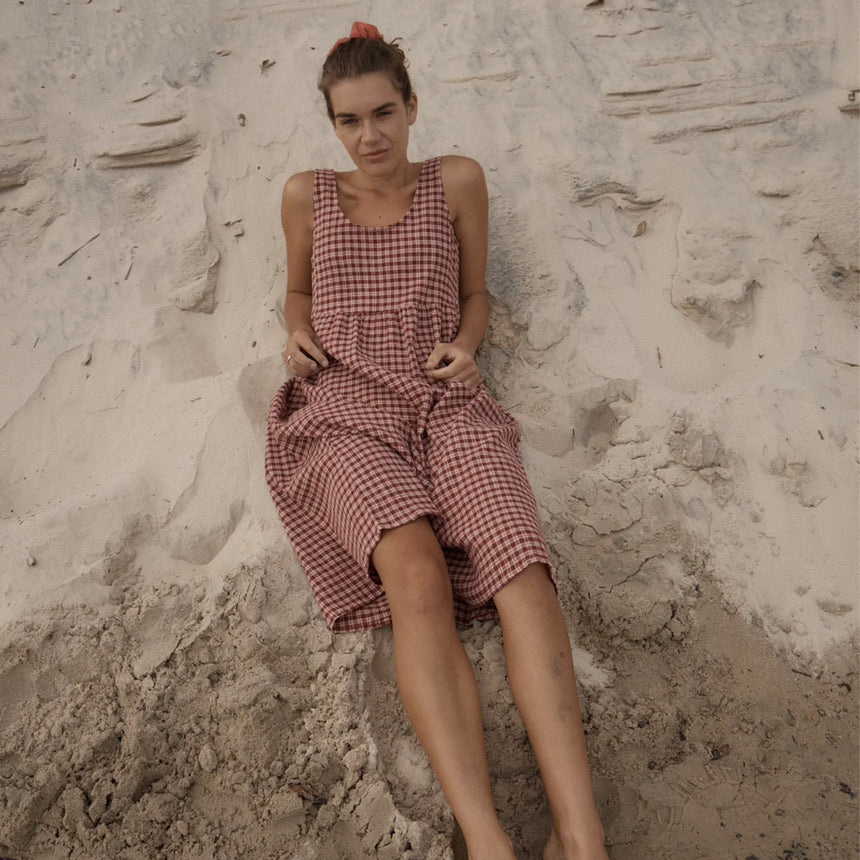 AFENDS Capricorn Seersucker Midi Dress - Burgundy/Beige Check