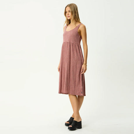 AFENDS Capricorn Seersucker Midi Dress - Burgundy/Beige Check