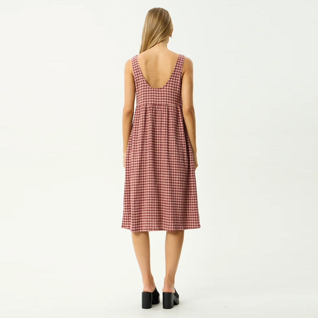 AFENDS Capricorn Seersucker Midi Dress - Burgundy/Beige Check