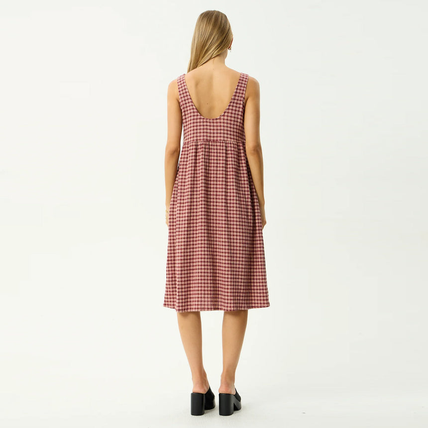AFENDS Capricorn Seersucker Midi Dress - Burgundy/Beige Check