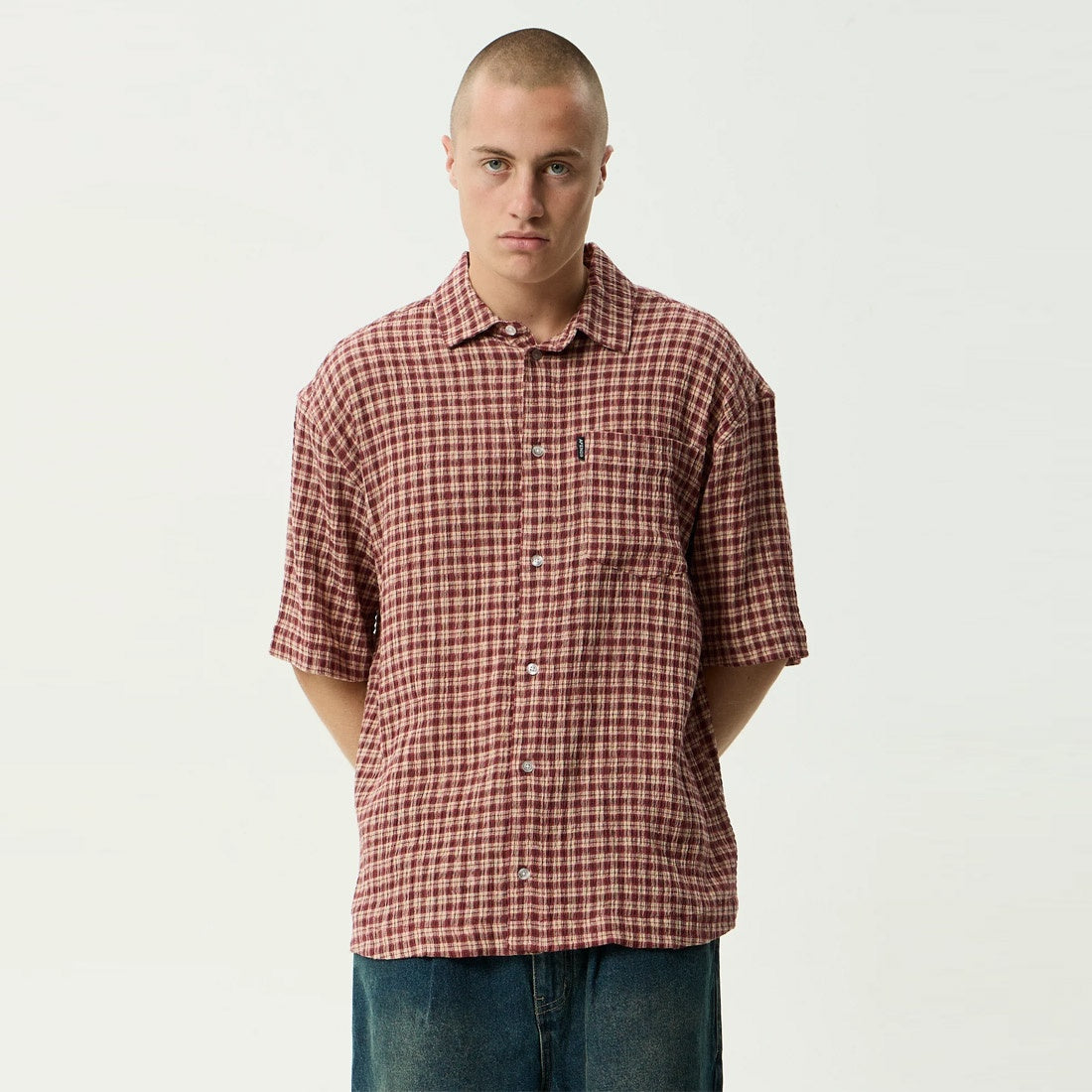 AFENDS Capricorn Seersucker Short Sleeve Shirt - Burgundy / Beige Check