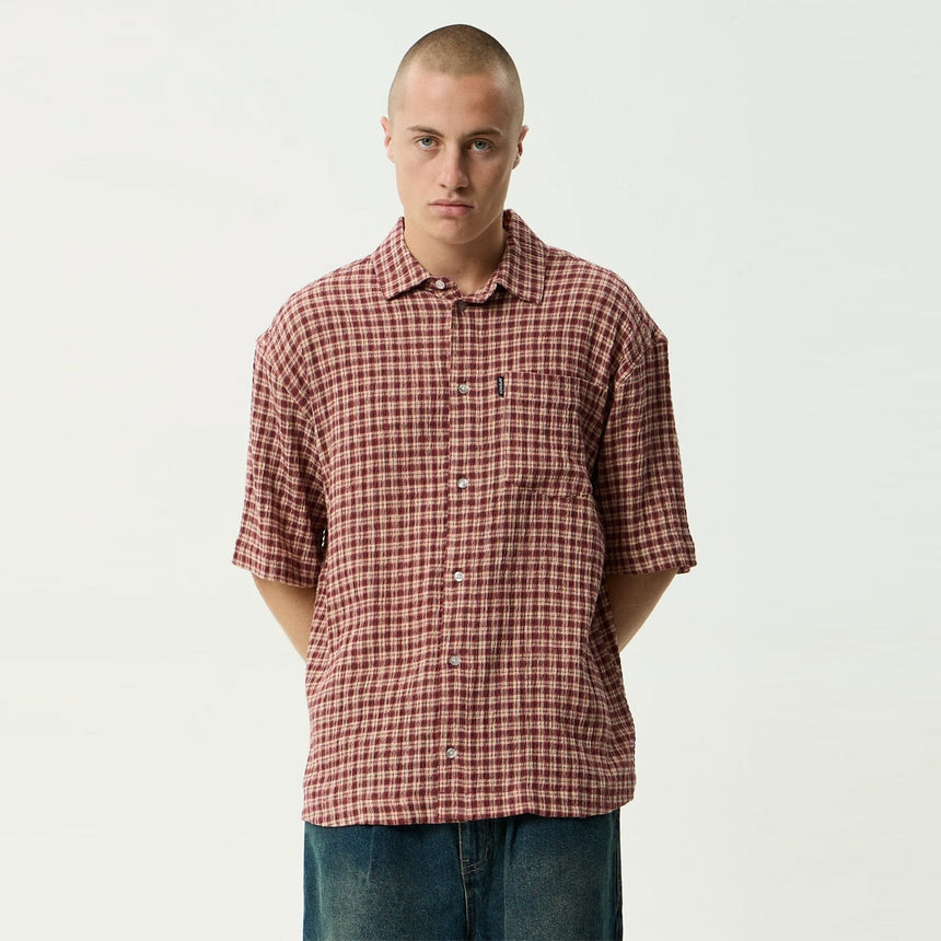 AFENDS Capricorn Seersucker Short Sleeve Shirt - Burgundy / Beige Check