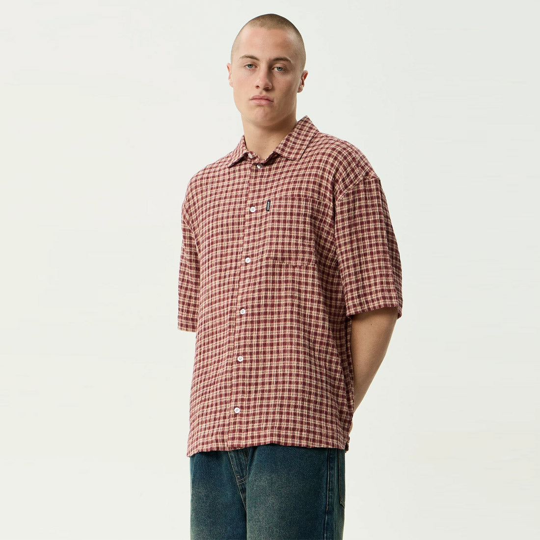 AFENDS Capricorn Seersucker Short Sleeve Shirt - Burgundy / Beige Check