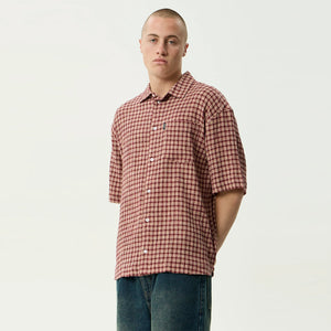 AFENDS Capricorn Seersucker Short Sleeve Shirt - Burgundy / Beige Check