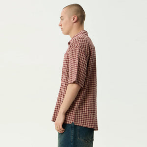 AFENDS Capricorn Seersucker Short Sleeve Shirt - Burgundy / Beige Check