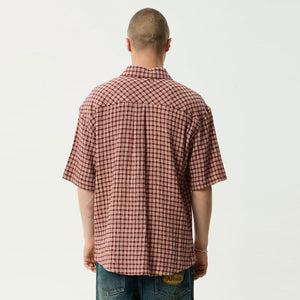 AFENDS Capricorn Seersucker Short Sleeve Shirt - Burgundy / Beige Check