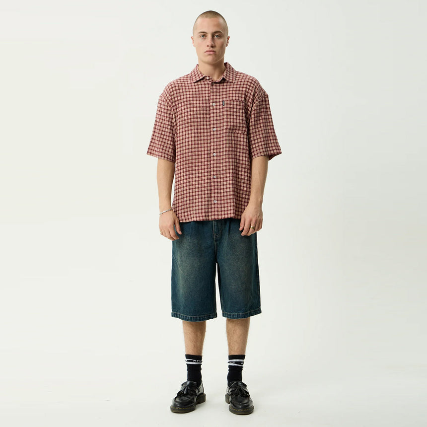 AFENDS Capricorn Seersucker Short Sleeve Shirt - Burgundy / Beige Check