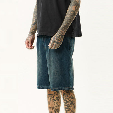 AFENDS Fast Forward Denim Ultra Baggy Pleated 24" Short - Vintage Wash