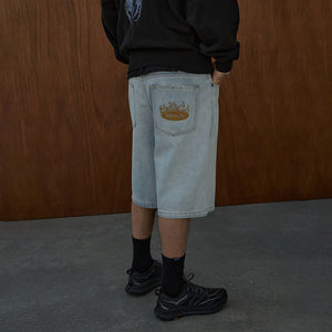 AFENDS Fast Forward Denim Ultra Baggy Pleated Short 24" - Stone Blue