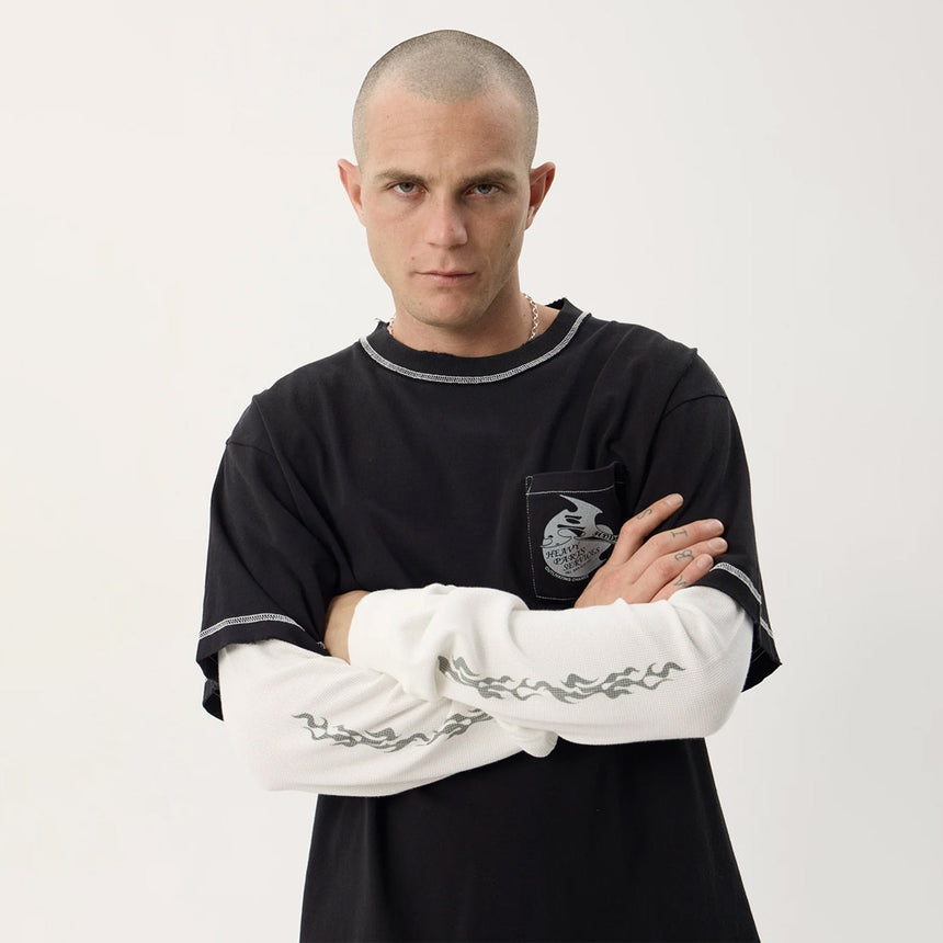 AFENDS Heavy Parts Recycled Heavyweight Layered Waffle Boxy Tee - Stone Black