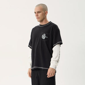 AFENDS Heavy Parts Recycled Heavyweight Layered Waffle Boxy Tee - Stone Black