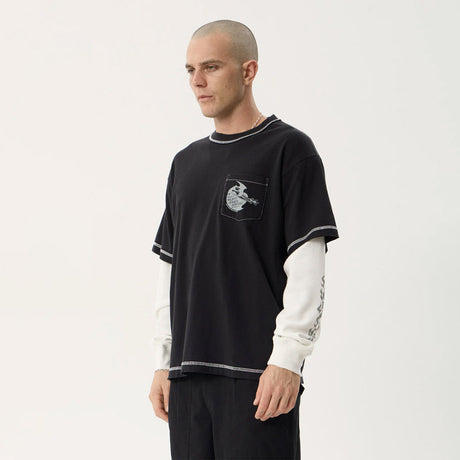 AFENDS Heavy Parts Recycled Heavyweight Layered Waffle Boxy Tee - Stone Black