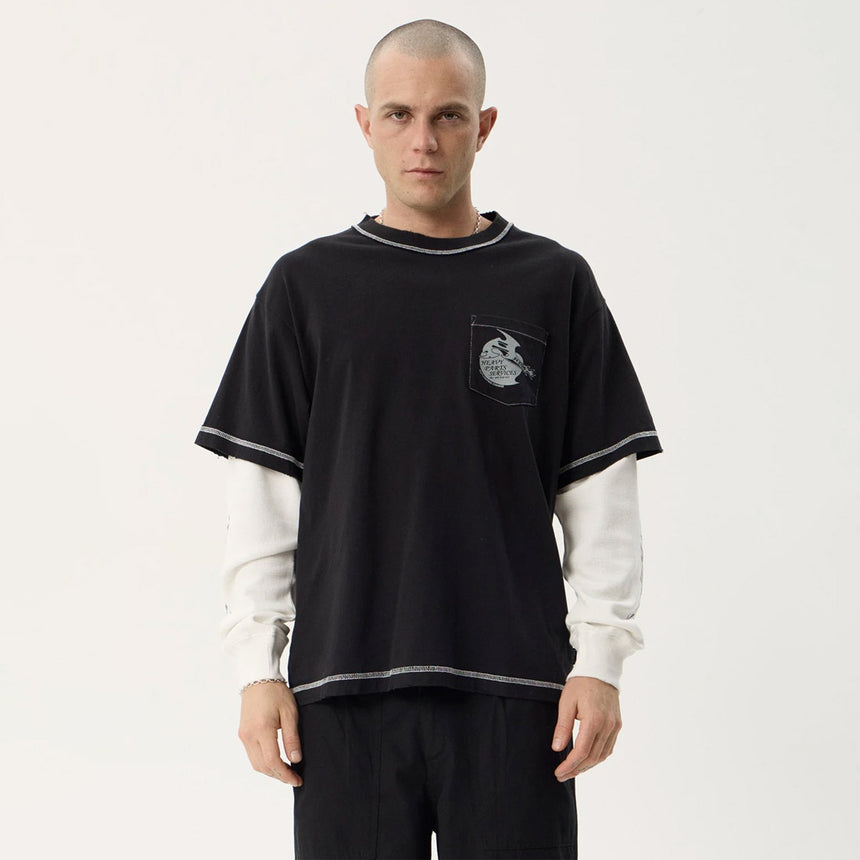 AFENDS Heavy Parts Recycled Heavyweight Layered Waffle Boxy Tee - Stone Black