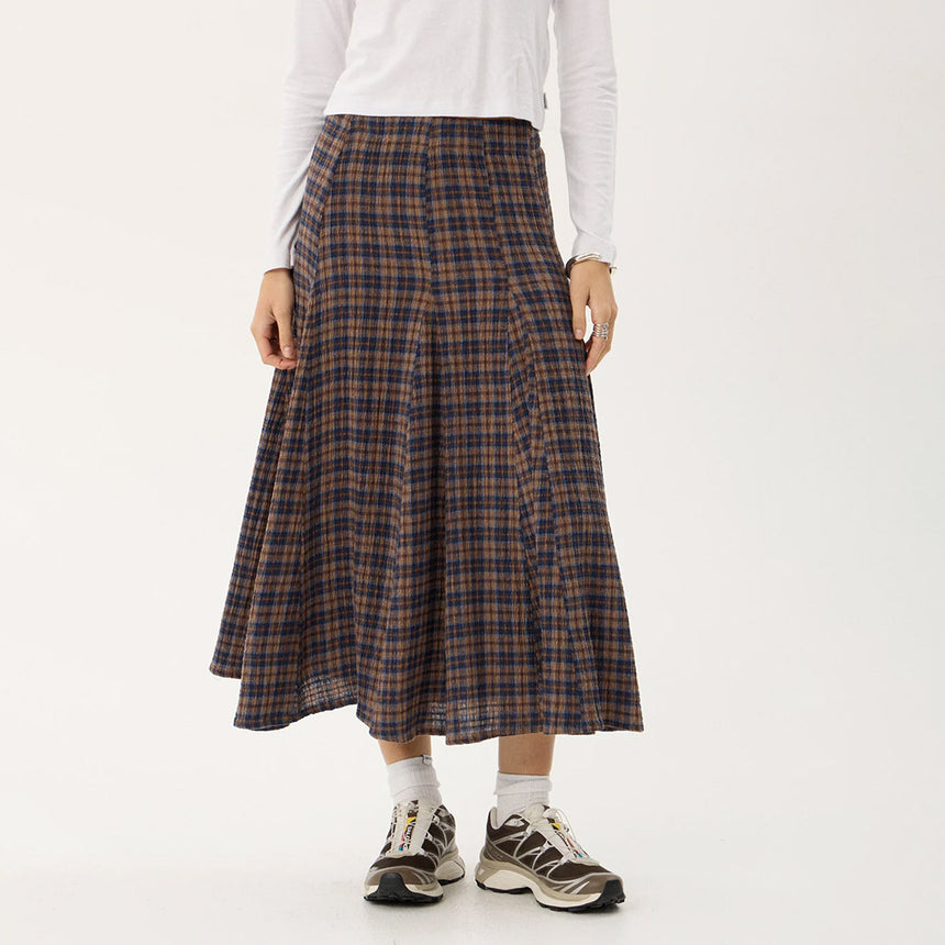 AFENDS Lana Seersucker Midi Skirt - Shev Indigo Check