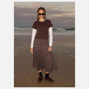 AFENDS Lana Seersucker Midi Skirt - Shev Indigo Check