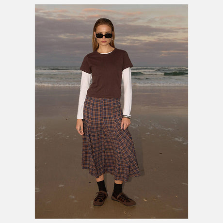AFENDS Lana Seersucker Midi Skirt - Shev Indigo Check